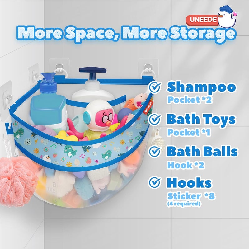 UNEEDE 4.32 Gallons Dinosaur Print Corner Bath Toy Storage | Blue Mesh Shower Caddy with Quick Drain & Bottom Zipper - Image 3